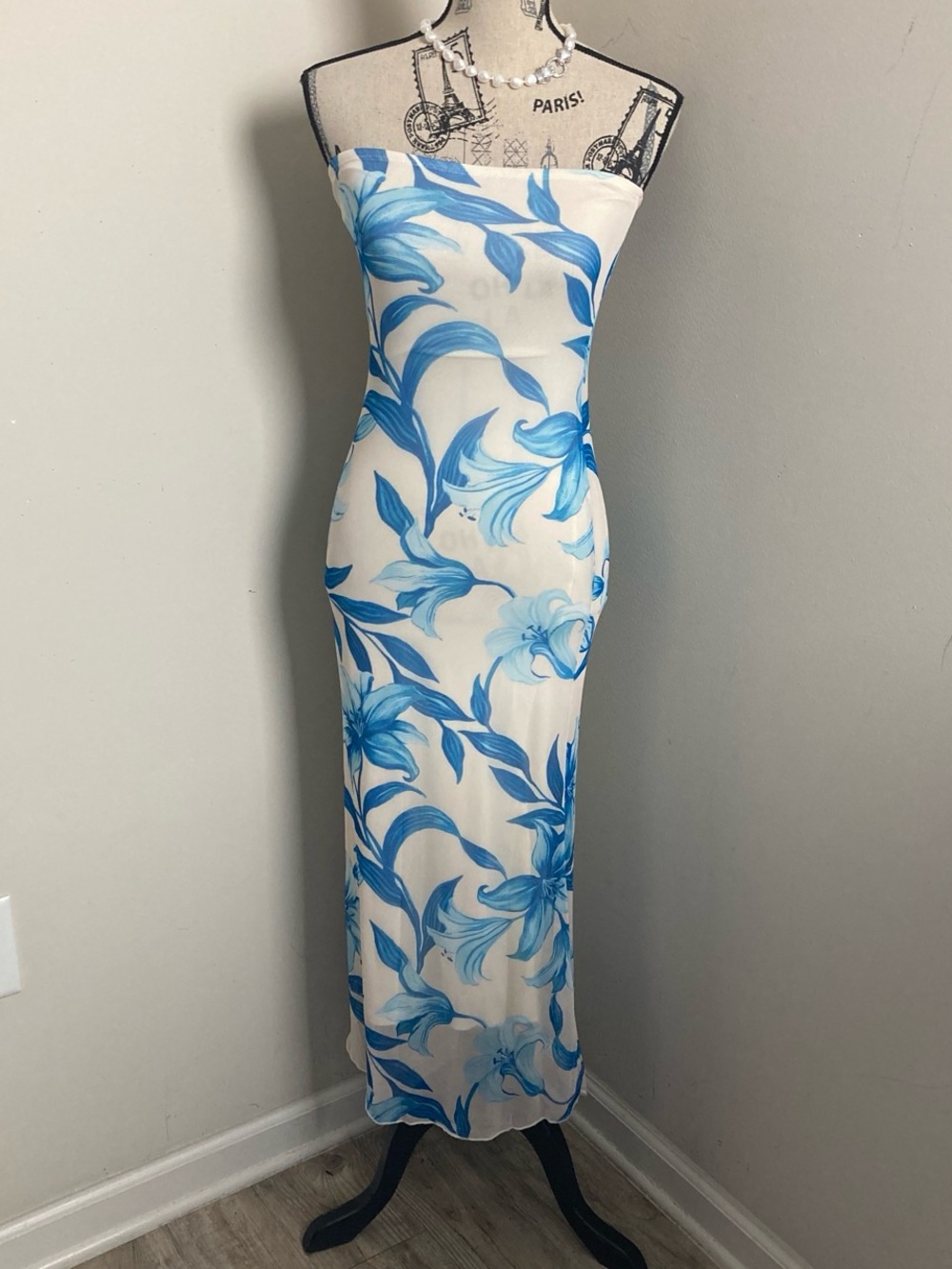 See You Monday Strapless Maxi Dress in Blue Floral on White